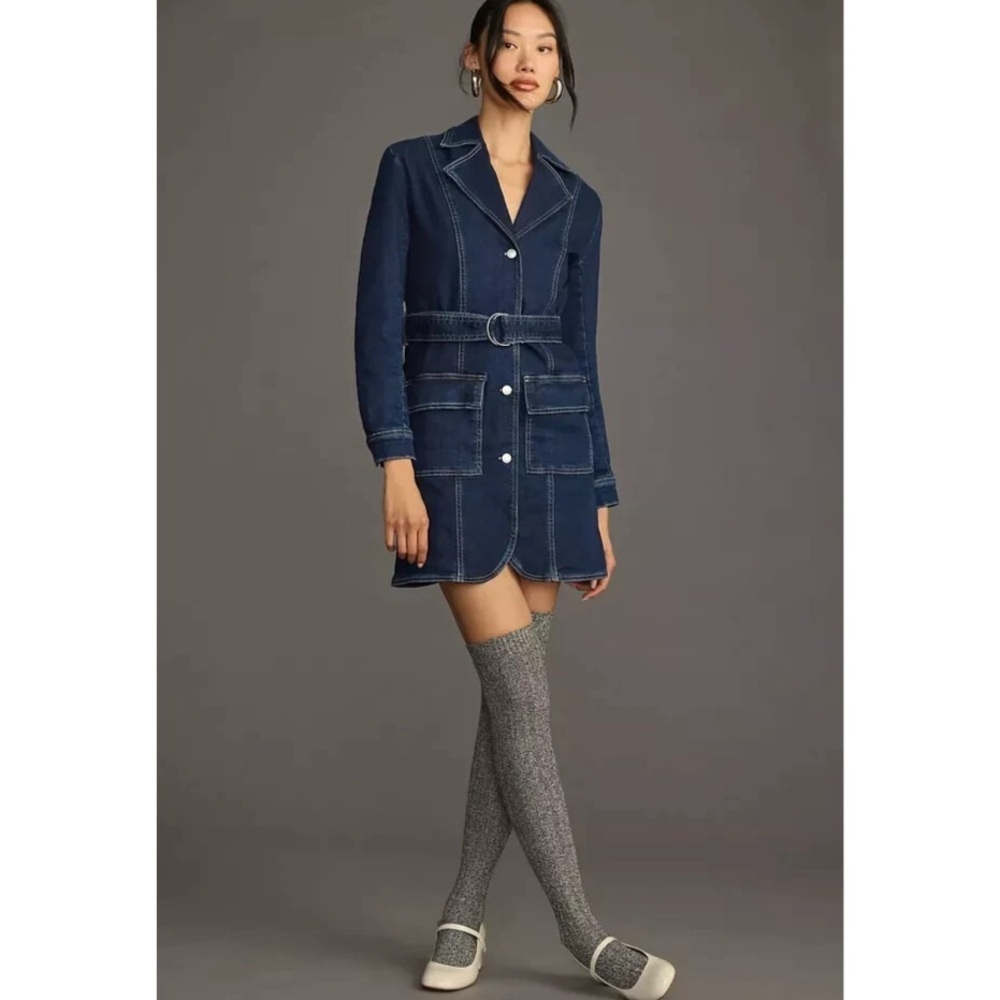 ANTHROPOLOGIE Pilcro Belted Denim Blazer Dress Mini Jean Jacket Dress